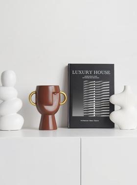 现代样板间书房家居饰品高级感莫兰迪创意摆件工艺品陶瓷花瓶摆设