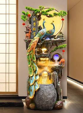 孔雀落地假山流水摆件客厅风水轮开业招财加湿器喷泉高山循环水景