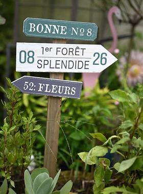 日单ins风实木三色指示牌花园装饰路牌花插复古怀旧法式庭院摆件