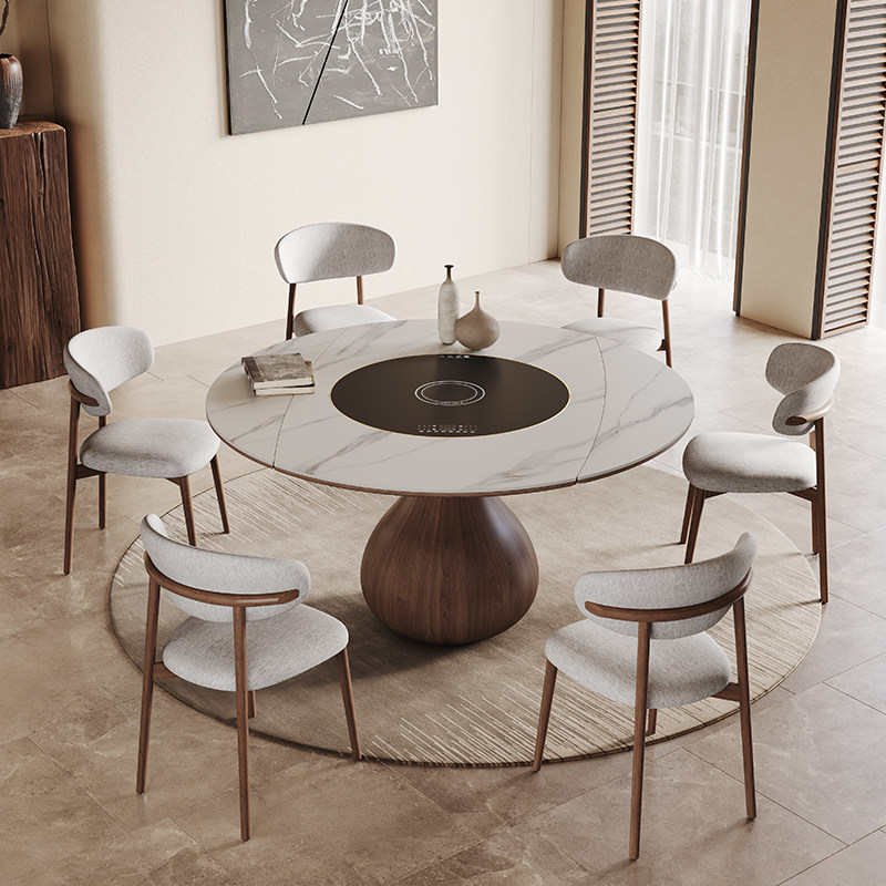 实木圆形餐桌现代小户型意式新款暖菜电磁炉岩板餐桌伸缩,淘宝优惠券,粉丝福利购,淘宝优惠卷
