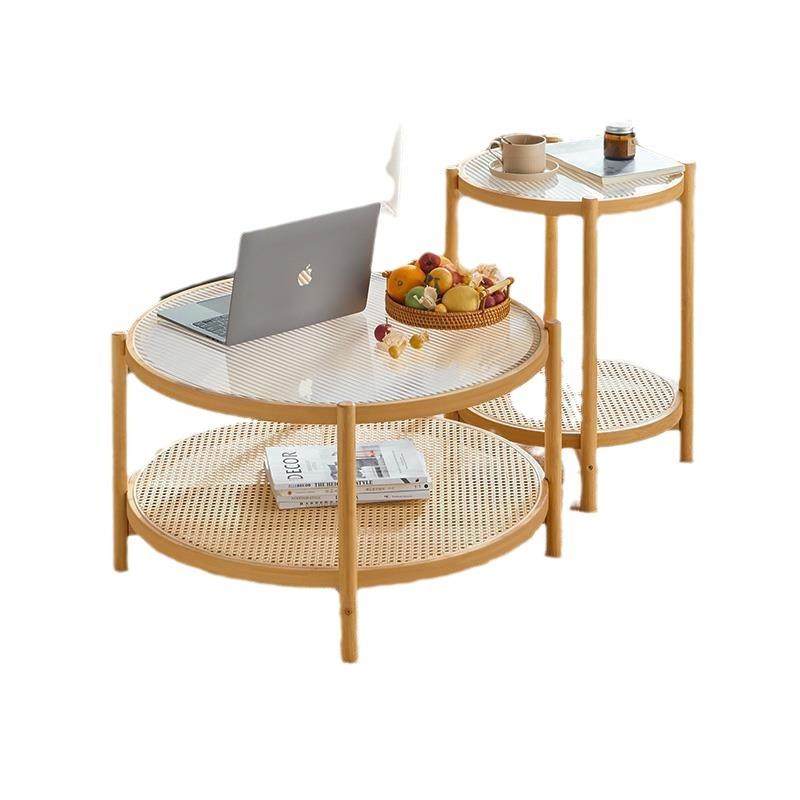 日式圆形实木藤编玻璃茶几客厅家用小户型现代简约沙发边几小茶桌,淘宝优惠券,粉丝福利购,淘宝优惠卷