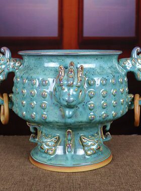 瓷花瓶办公室装饰神垕器晏摆件家居钧海陶瓷镇鼎炉钧釉炉工艺品鼎