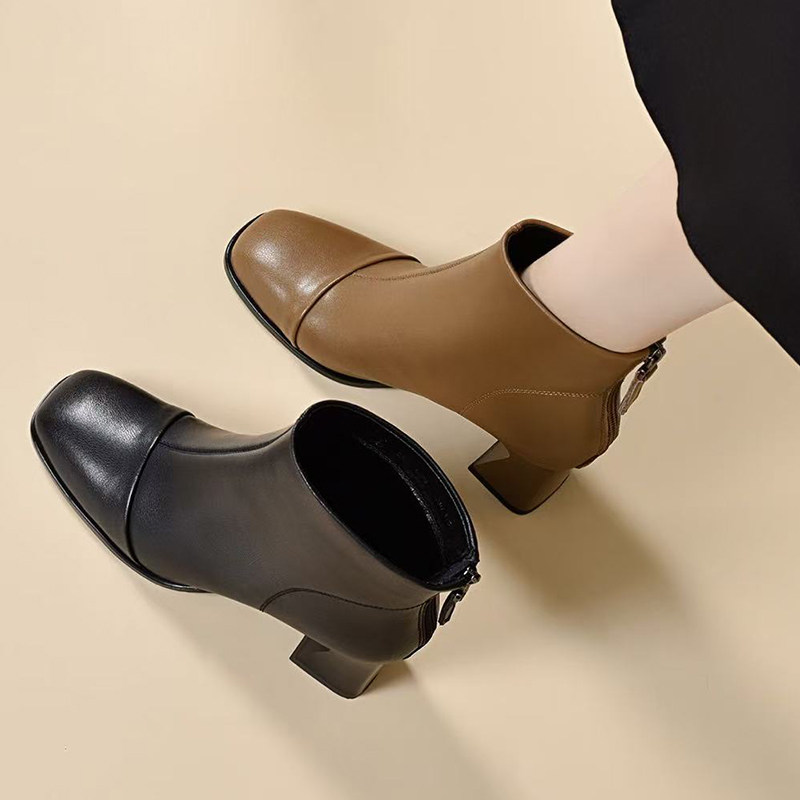 2025新款春秋季小短靴女粗跟中跟单靴方头踝靴高跟女鞋秋冬真皮鞋,淘宝优惠券,粉丝福利购,淘宝优惠卷