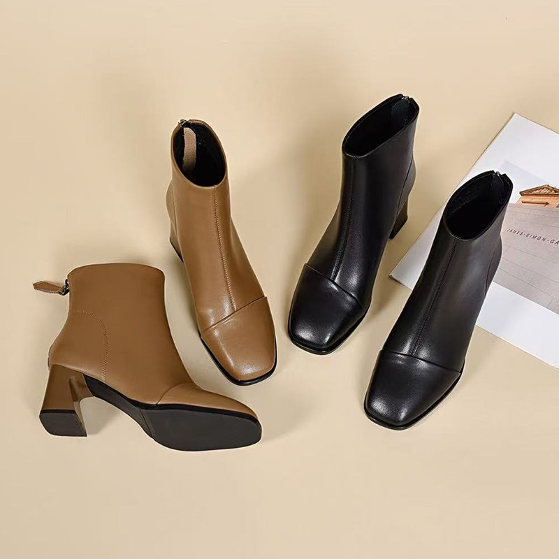 2025新款春秋季小短靴女粗跟中跟单靴方头踝靴高跟女鞋秋冬真皮鞋,淘宝优惠券,粉丝福利购,淘宝优惠卷