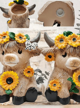 新款美式高地牛多肉花盆底部带孔摆件户外花园庭院树脂工艺品装饰