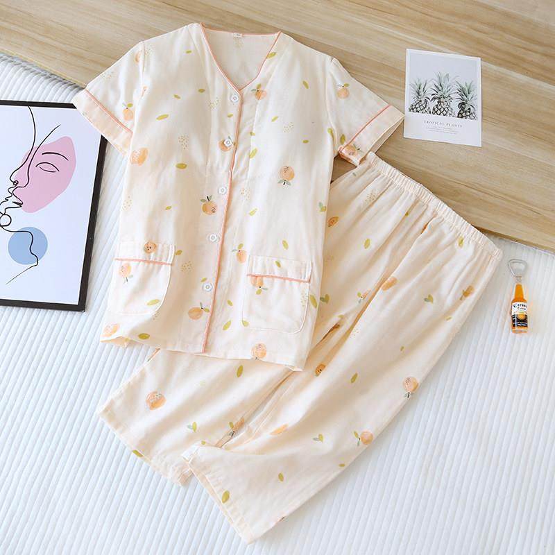 免文胸全棉双层纱布女睡衣套装中裤短袖长裤七分裤带胸垫夏季薄款,淘宝优惠券,粉丝福利购,淘宝优惠卷