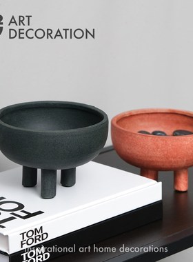 北欧侘寂风陶f艺摆件收纳盆花器钥匙托盘家具样板间客厅软装饰品