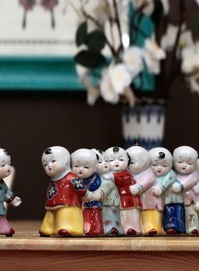 复古做旧中国风陶瓷娃娃摆件创意老鹰抓小鸡客厅桌面装饰品