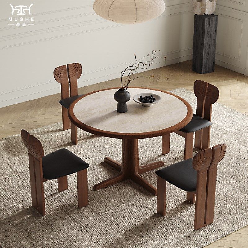 暮奢法式复古洞石岩板实木内嵌餐桌家用圆形饭桌设计师中古风餐桌,淘宝优惠券,粉丝福利购,淘宝优惠卷