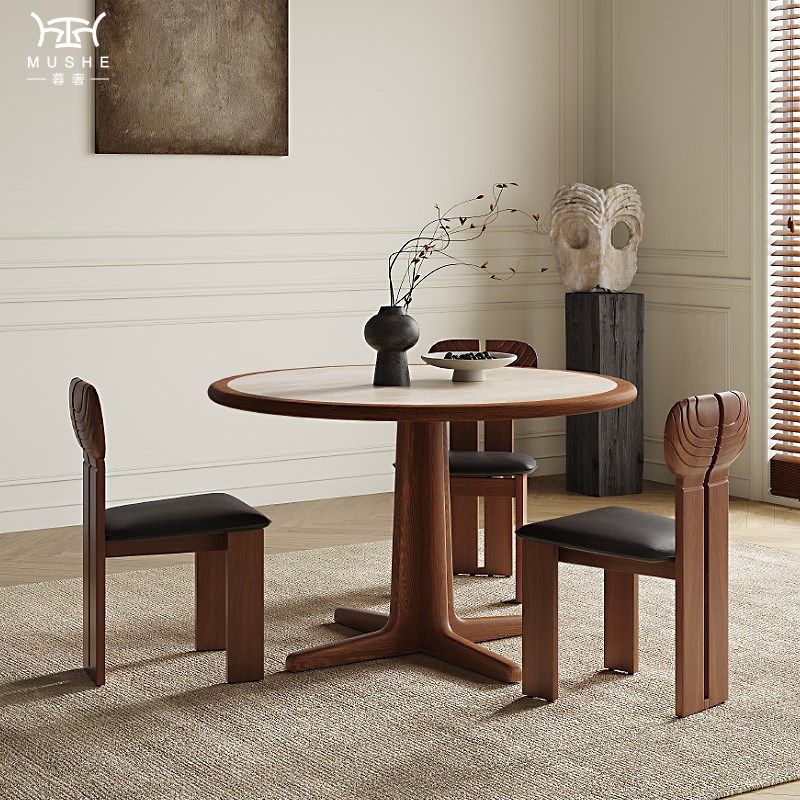 暮奢法式复古洞石岩板实木内嵌餐桌家用圆形饭桌设计师中古风餐桌,淘宝优惠券,粉丝福利购,淘宝优惠卷