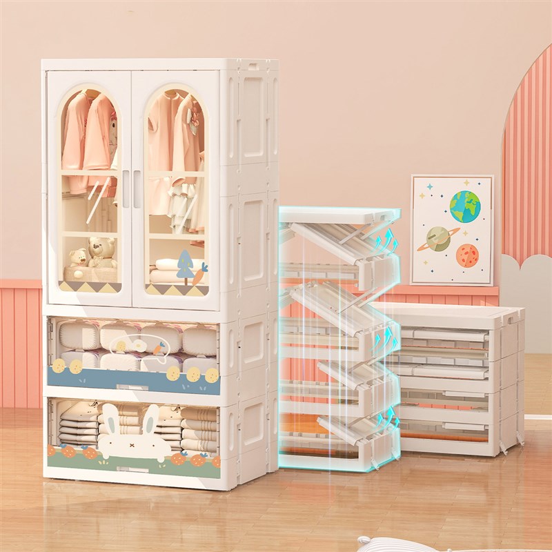 儿童衣柜卧室免安装折叠衣物卡通收纳柜双开门宝宝衣柜挂衣整理 - 图1