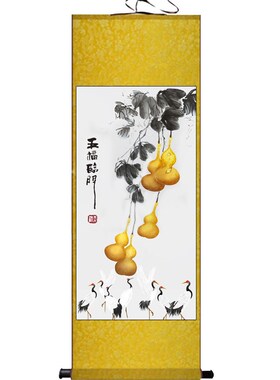 五福临门入户玄关装饰画葫芦九鱼图大气客厅走廊挂画竖版过道壁画