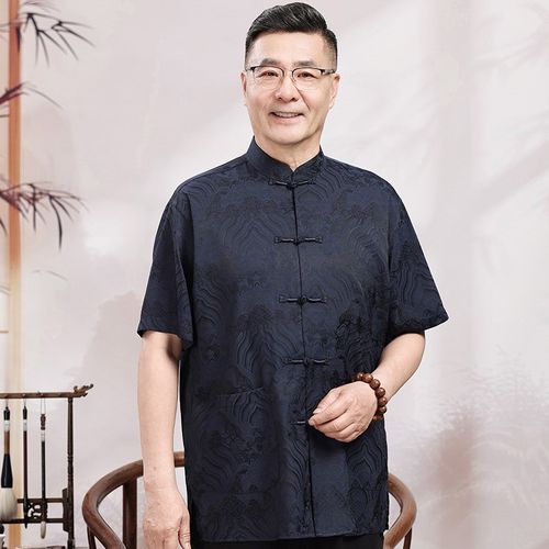 中老年唐装男夏季薄款短袖套装冰丝衬衫爸爸装中国风60岁70爷爷装 - 图2