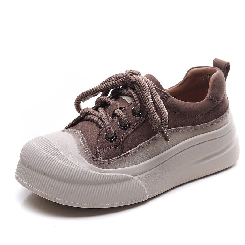 2024年春季新款真皮休闲鞋女圆头厚底坡跟单鞋复古风百搭深口板鞋,淘宝优惠券,粉丝福利购,淘宝优惠卷