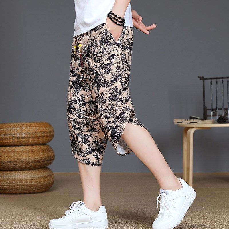 中国风七分裤男士夏季新款薄款宽松休闲裤凉感冰丝短裤男装哈伦裤,淘宝优惠券,粉丝福利购,淘宝优惠卷