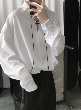 春秋季暗黑禁欲系气质明线设计感衬衫男百搭抽绳绑带套头衬衣上衣