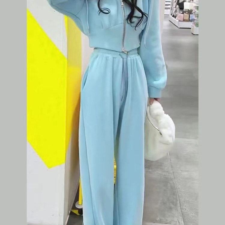 韩国蓝色运动服套装女春秋新款宽松小个子减龄卫衣时尚休闲两件套 - 图1