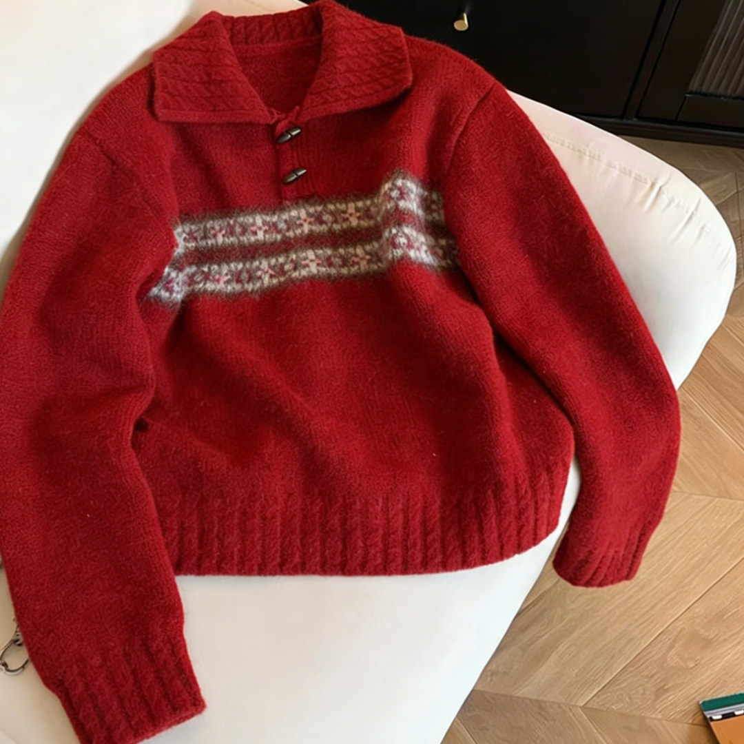 韩系复古费尔岛翻领牛角扣针织毛衣女冬季新款宽松显瘦大码上衣潮,淘宝优惠券,粉丝福利购,淘宝优惠卷