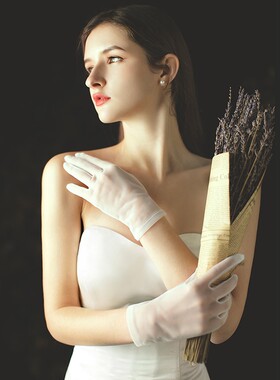 新娘白色素纱手套女手工短款薄婚礼白纱简约韩式蕾丝复古时尚舞会