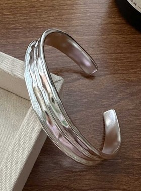 时尚个性高级宽版手环复古女开口手镯简约小众设计纯银手镯冷淡风