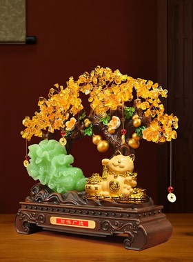 水晶发财树招财猫摆件公司饭店开业礼物店铺收银台U办公室玄关装