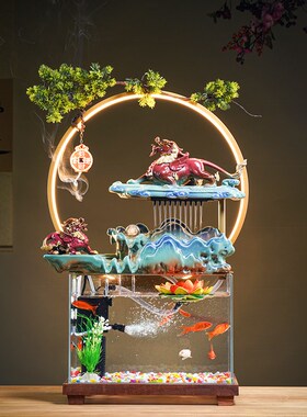 大型陶瓷流水鱼缸摆件循环水养鱼室内装饰假山造景乔迁办公室送礼