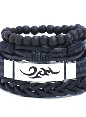 新品民族风真皮手链 木珠复古牛皮编织手链不锈钢套装手饰