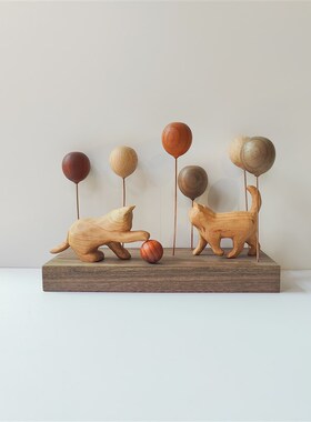 原木风猫元素气球木雕猫咪木制品手作礼物品车载装饰桌面木质摆件