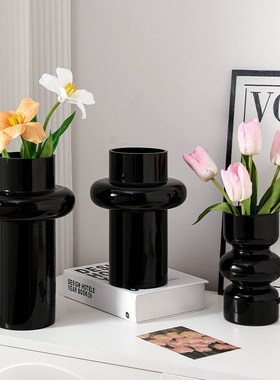 高级感简约黑色玻璃花瓶办公桌客厅水养鲜花茶几餐桌插花装饰摆件