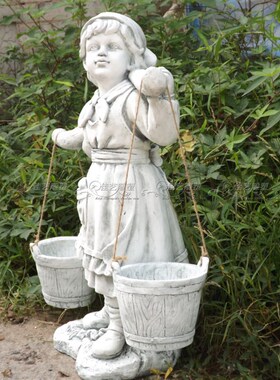 欧式玻璃钢人物雕塑艺术品客厅户外落地摆设可定制作挑水女孩乡村