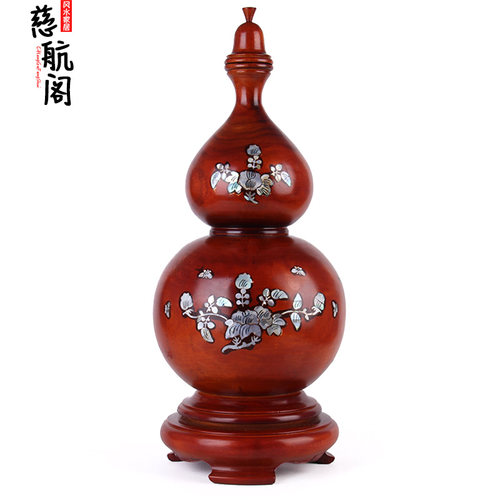 桃木葫芦摆件木雕葫芦镶嵌彩贝木雕彩色贝壳红色大号葫芦摆件 - 图0