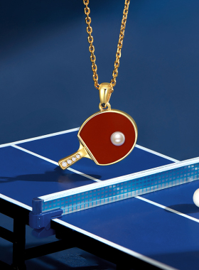 纯银黄金色珍珠项链女乒乓球拍