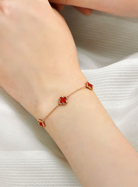 纯银红玛瑙幸运四叶草手链女轻奢