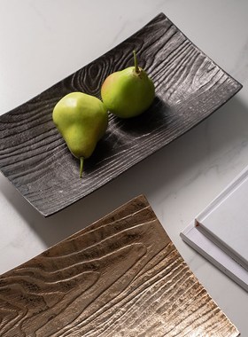 北欧现代轻奢树皮纹金属果盘摆件样板间酒店餐厅客厅桌面装饰托盘