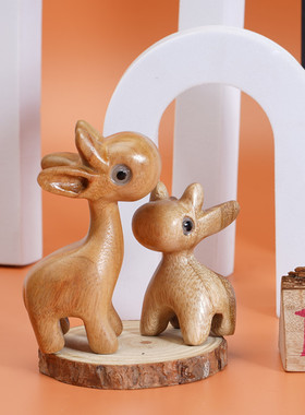 木雕长颈鹿一鹿相伴香樟木雕刻家居创意摆件实木复古怀旧生日礼物