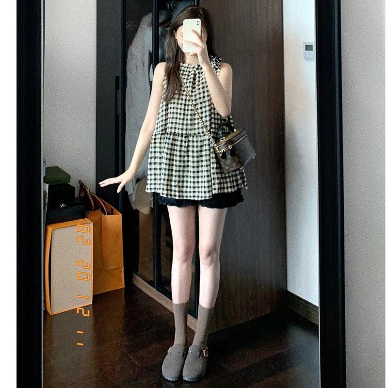 孕妇套装肌理感格纹圆领无袖薄款上衣短裤2024新款休闲两件套夏季,淘宝优惠券,粉丝福利购,淘宝优惠卷