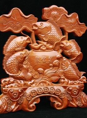 桃木群鱼戏水聚宝盆摆件雕u刻木雕客厅玄关家居商铺办公室开业礼