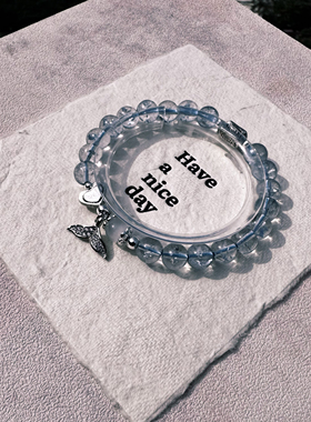 喜饰冰种玻璃体海蓝宝托帕石手链女白猫眼石手工藏银人鱼海星吊坠