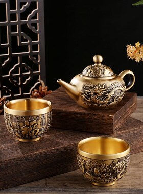 黄铜彷古双龙壶工艺品龙凤壶水滴壶摆件纯黄铜茶壶家居桌面装饰品