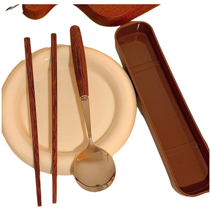 ins韩国实木质筷子勺子套装可携式收纳盒覆古高级感一人学生上班 - 图3