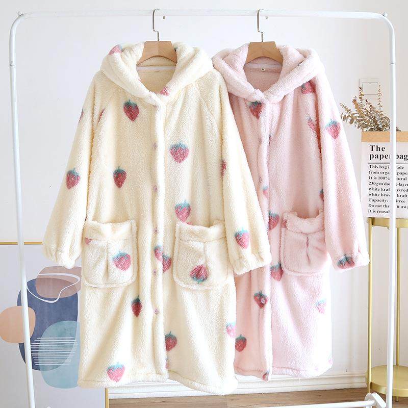 秋冬睡袍加厚草莓连帽睡裙长袖印花粉色连帽睡裙,淘宝优惠券,粉丝福利购,淘宝优惠卷