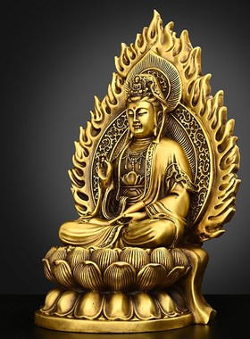 全铜观音菩萨摆件纯铜坐莲花观音家用佛I像大号背光福字观世音菩