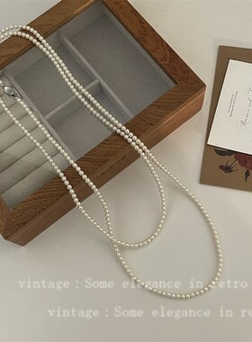 120cm长款叠戴水晶珍珠项链小众复古个性简约百搭锁骨链 旗袍珍珠