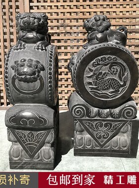 石雕门墩抱鼓石青石做旧麒麟小象石狮子门口石鼓石墩