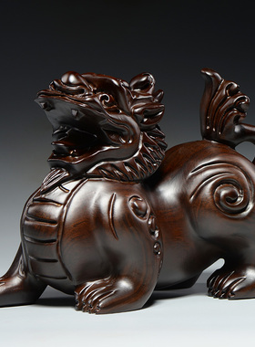 黑檀木雕貔貅一对皮丘实木家居客厅玄关办公室雕刻工艺品送礼