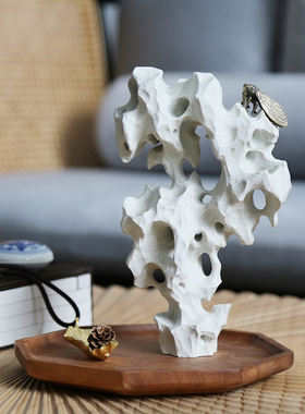 新中式陶瓷太湖石假山托盘鸟笼组合摆件套装客厅书房茶室软装饰品