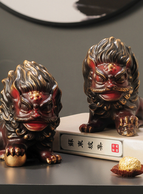 陶瓷新中式狮子一对客厅电视柜玄关摆件招财家居装饰品收纳放钥匙