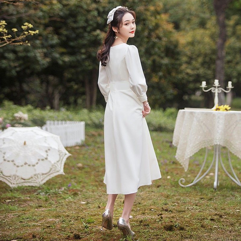 领证登记平时可穿法式秋冬长袖小白裙伴娘服轻婚纱礼服订婚连衣裙,淘宝优惠券,粉丝福利购,淘宝优惠卷