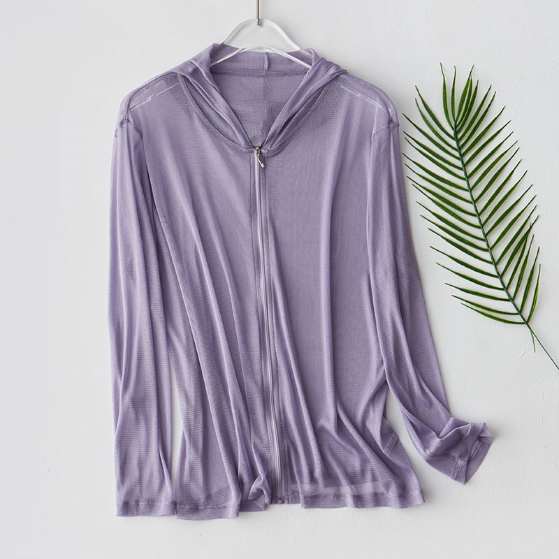 真丝网眼帽子衫防晒衣女空调衫外搭开衫披肩外套大码白色长袖上衣 - 图0