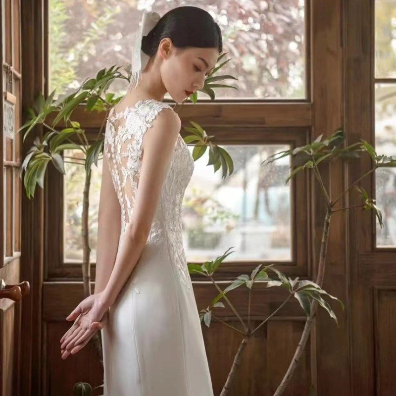 法式轻婚纱新娘长袖V领缎面蕾丝迎宾出门纱鱼尾礼服拖尾显瘦夏季,淘宝优惠券,粉丝福利购,淘宝优惠卷